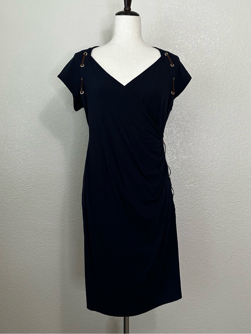 Carmen Marc Valvo Navy Blue Faux Wrap Leather Lace-Up Midi Dress, Size XL